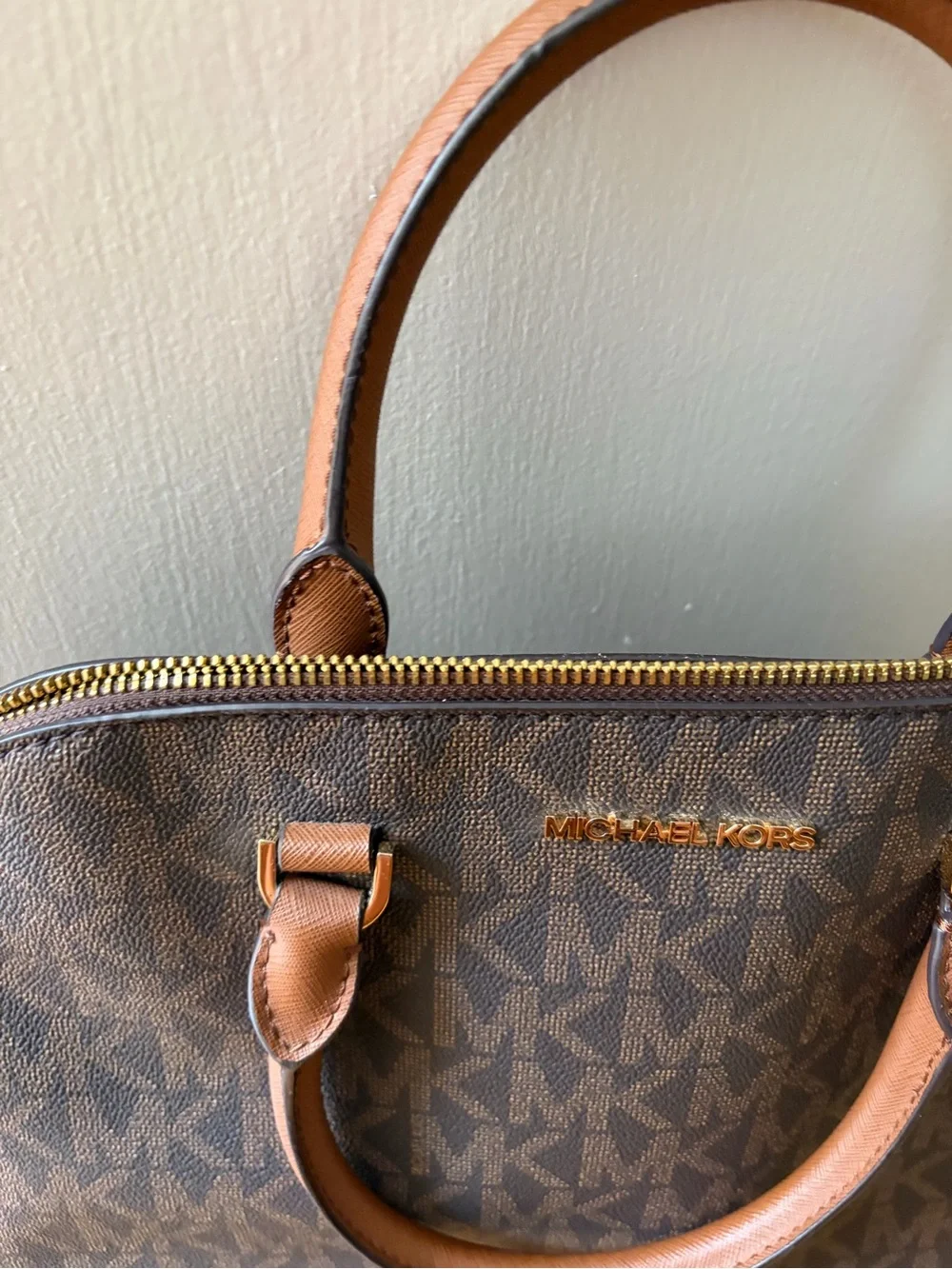Michael Kors Brown MK Logo Dome Satchel with Tan Handles